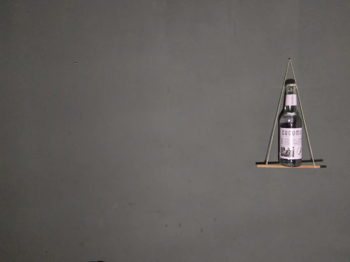Flasche Cucumis Lavendel auf einem Mini-Bleistiftgestell vor grauer Wand